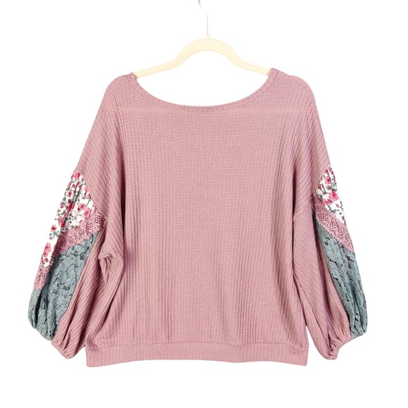 Umgee Womens XL Cottage Peasant Mauve Waffle Knit Floral Lace Puff Sleeve Top - Picture 2 of 7